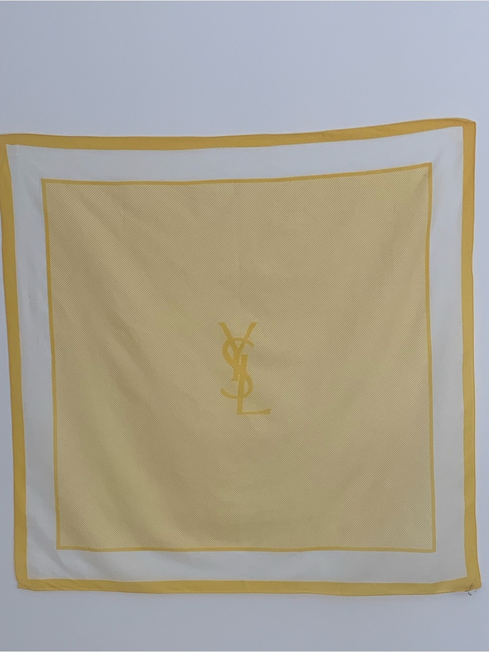 Vintage Yves Saint Laurent Pale Yellow and White Cotton Square Scarf with Logo